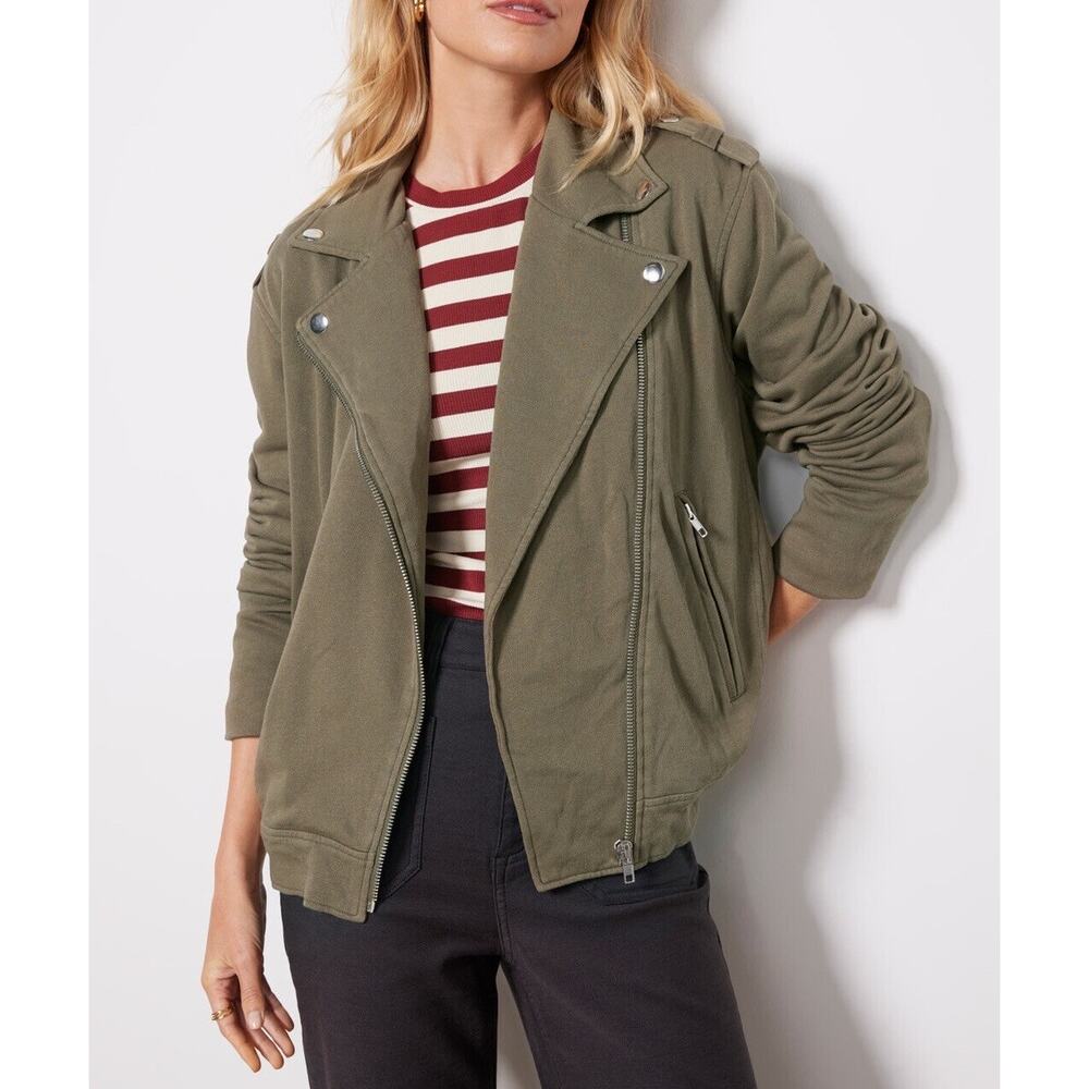 EVEREVE French Terry Cotton Moto Jacket Asymmetrical Zipper Green Size Large